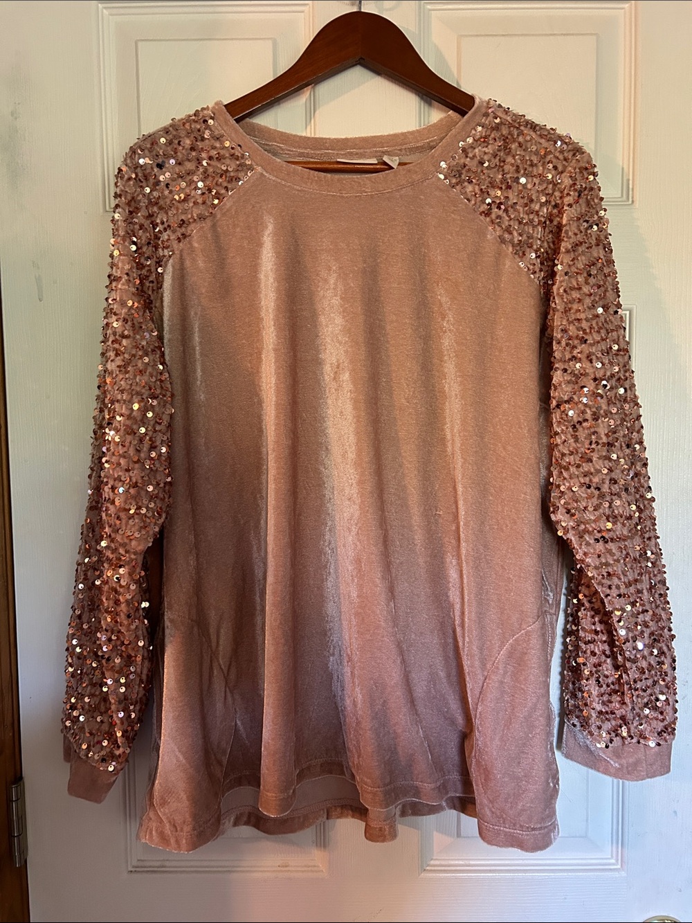 LOGO by Lori Goldstein Blush Sequin-Sleeve Velvet Sweatshirt with Pockets